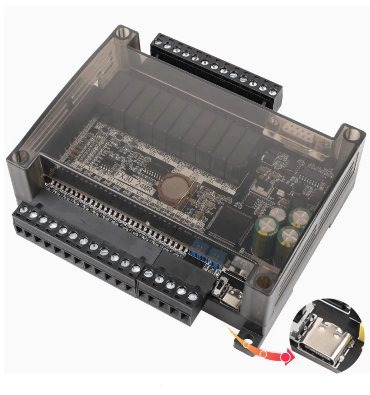 Загрузка Type-C FX3U 24MR 6AD 2DA высокоскоростной промышленный контроллер ПЛК с связью 485