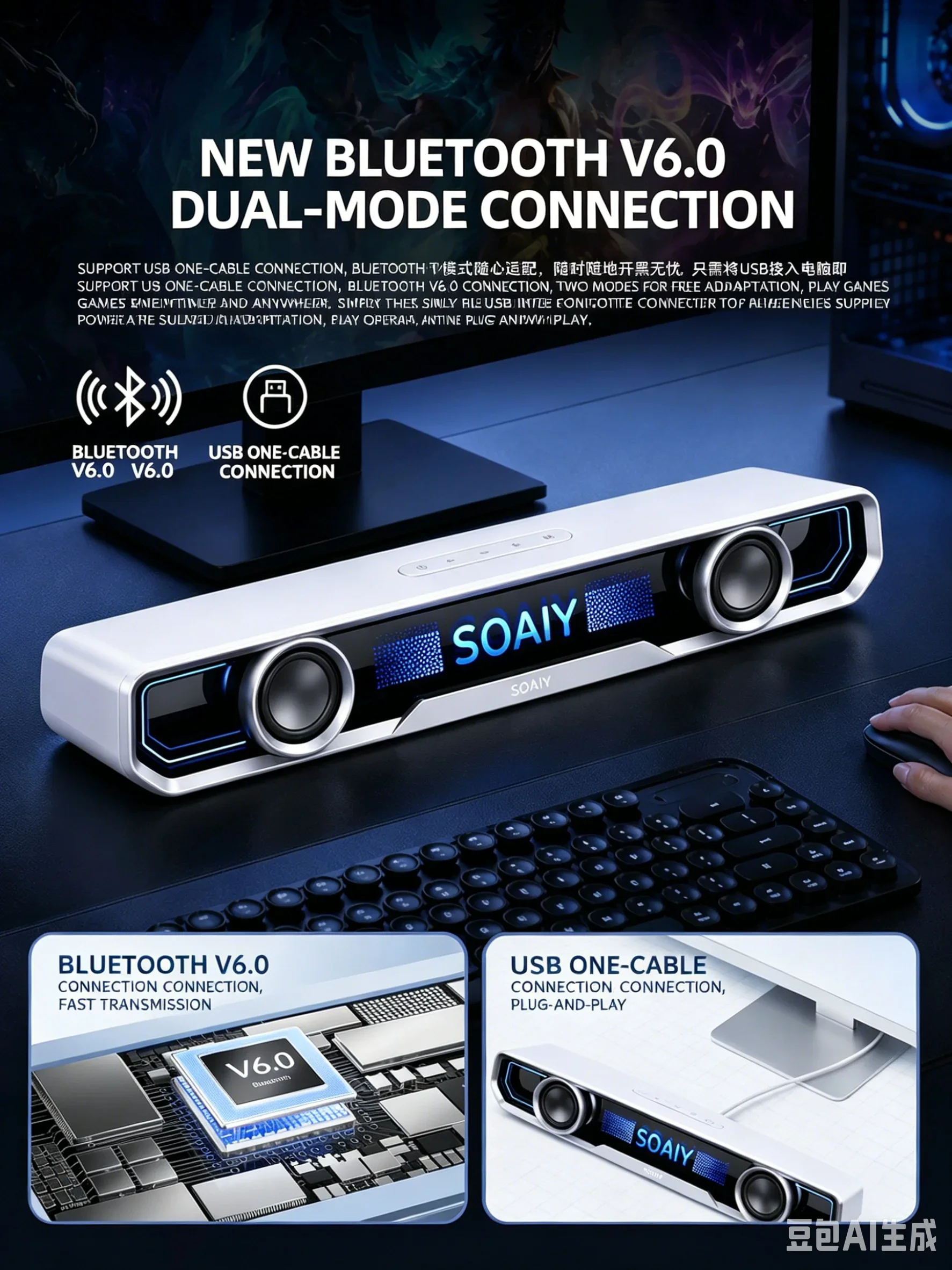 Фото Настольные колонки для ноутбуков SOAIY SES818, проводная и Bluetooth-модель, RGB-подсветка, объемный стереозвук с басами, аудиоустройство Plug and Play №1