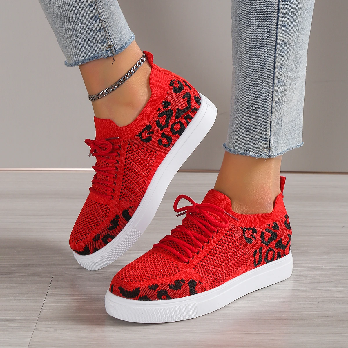 2023 New Women's Leopard  Sneakers Autumn New Mesh Breathable Sport Shoes Ladies Walking Running Flats Zapatos De Mujer
