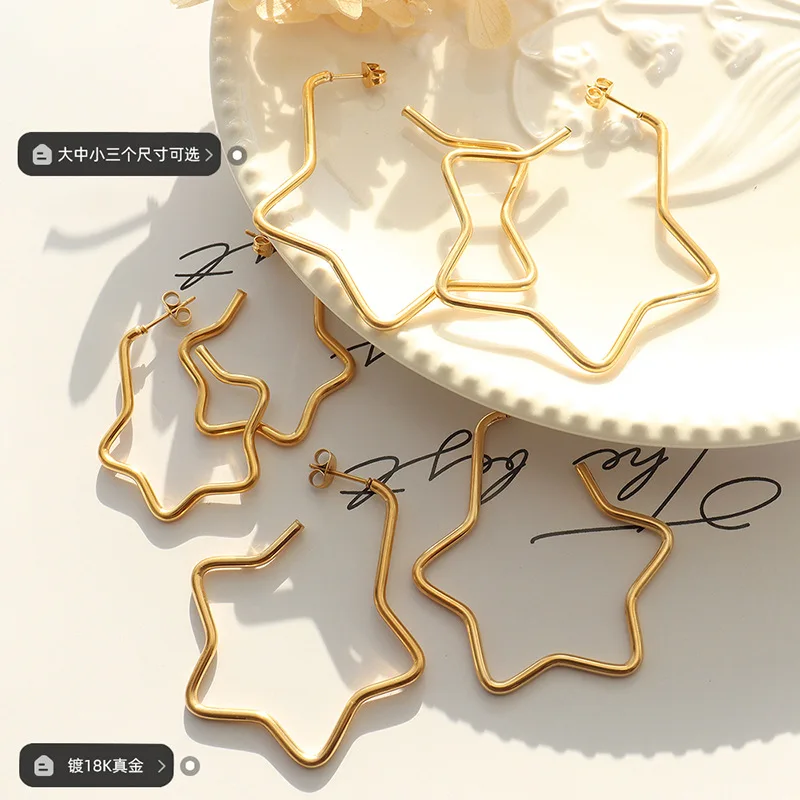 

Korean Jewelry Stainless Steel Star Hoop Earrings Gold Color 3.5mm 4.5mm 5.5mm No Fade Jewelry for Women Pendientes Mujer