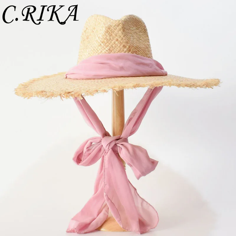 

Raffia Straw Hats For Womem Wide Brim Pink Straps Sun Hats Uv 50+ Travel Beach Hats