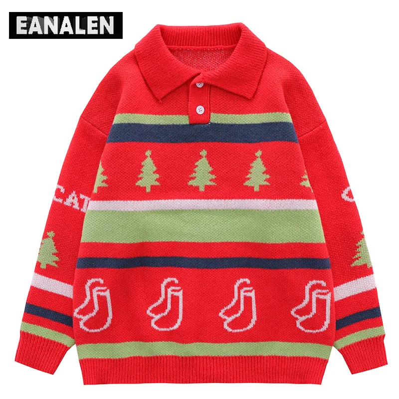 

Harajuku Red Lapel Christmas Sweater Pullover Women's Cute y2K Korean Vintage Oversized Knitted Ugly Sweater Men's Aesthetic
