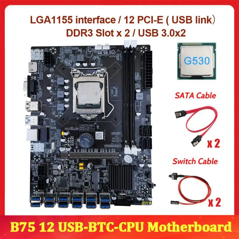 

B75 BTC Mining Motherboard Combo LGA 1155 To PCIE VER 15X 12X Riser Random CPU Dual DDR3 Support 8 GPU Video Graphic Card Miner