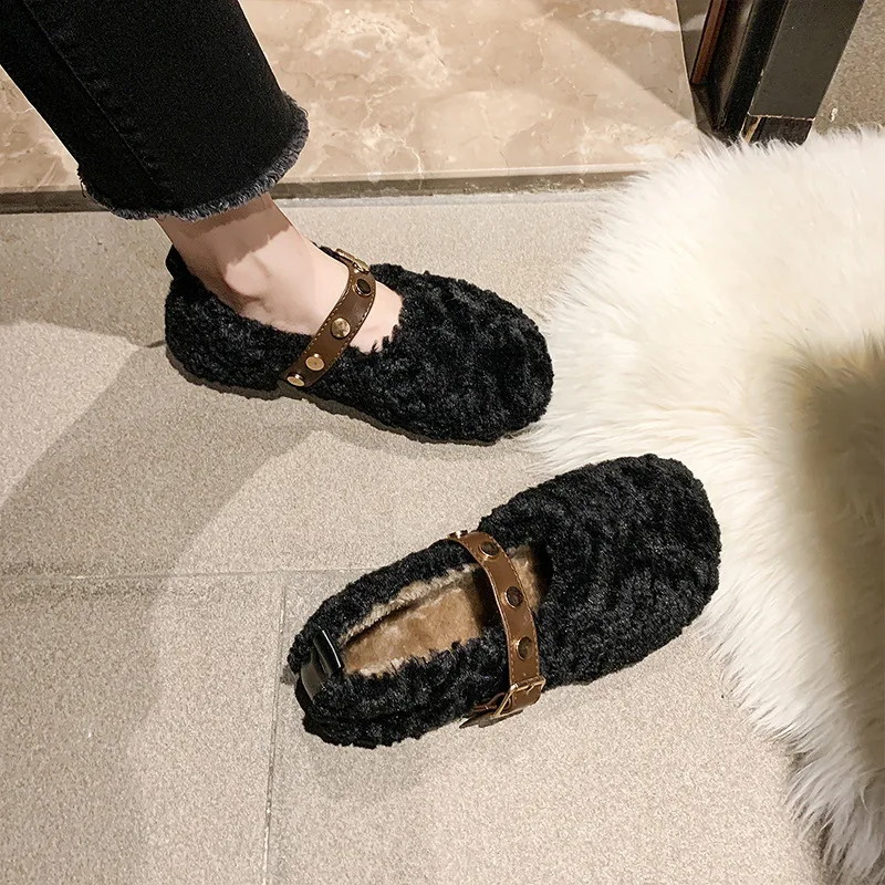 Women's Plush Shoes, Women's Outer Wear, New Autumn and Winter Plus Velvet Cotton Shoes, Mary Jane Flat-bottomed Slip-on Shoes