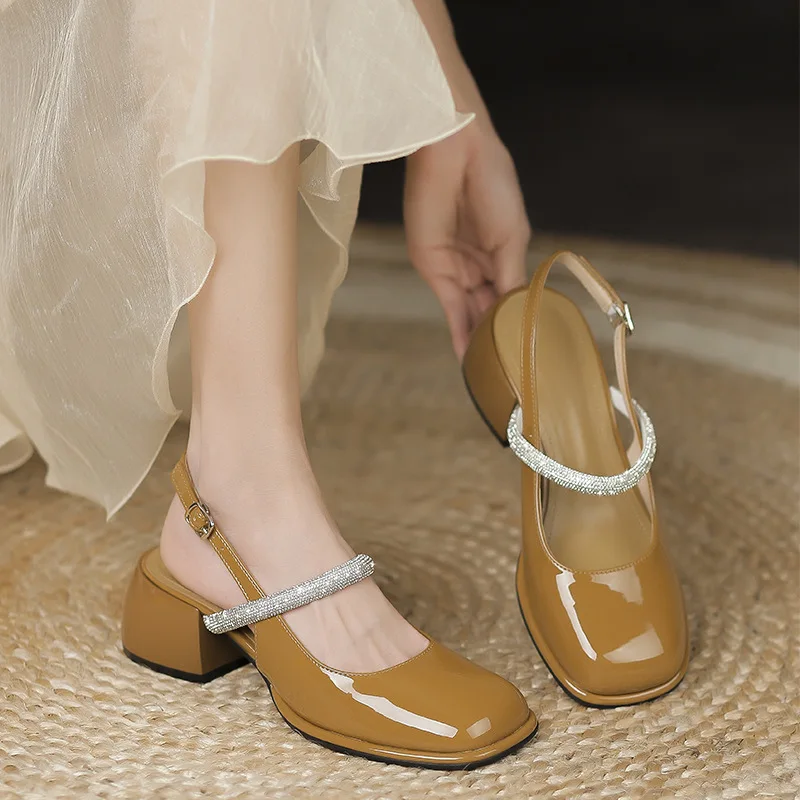 

5cm New Fashion Sandals Patent Leather Square Toe Low Heels Ankle Wrap Party for Women Shoes 38 39 40