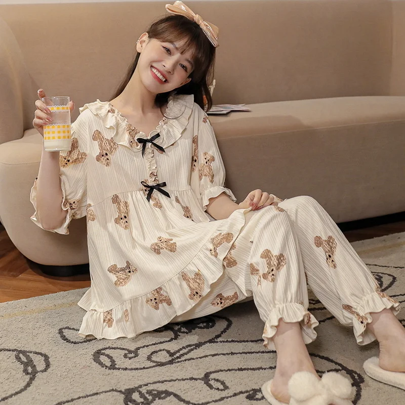 New Style Pajamas Women's Summer Short Sleeved Trousers Pure Cotton Court  Lovely Princess Loose Home Suit