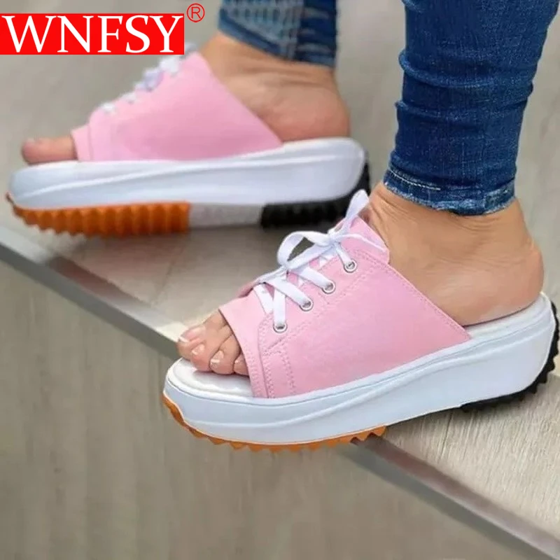 

Wnfsy Women Casual Shoes Summer Fashion Fish Mouth Canvas Shoe Open Toe Women Thick Bottom Lace-Up Large Size Sandals Zapatillas