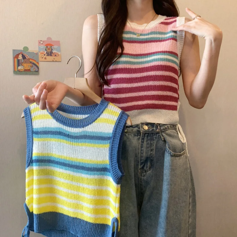 Летняя новинка женская трикотажная футболка без рукавов в радужную полоску
