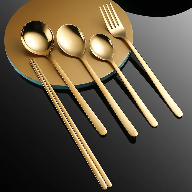 

Mirror Western Gold Cutlery Set 304 Stainless Steel Dinnerware Soup Ice Serving Spoon Fruit Fork Chopsticks Tableware Sets