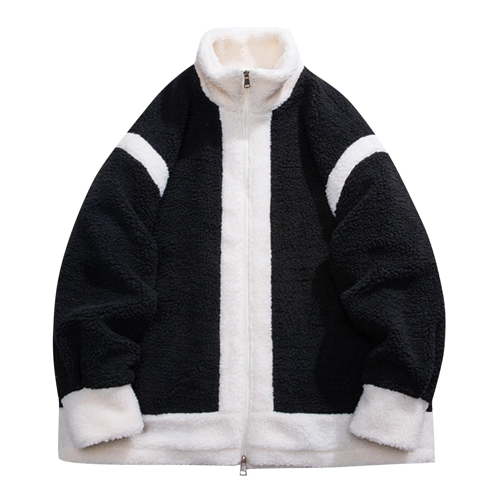 

Winter Men'S Long Sleeved High Collar Lamb Wool Fabric Thickened Contrast Color Zippered Jacket Casual Warm Jacket Chaquetas