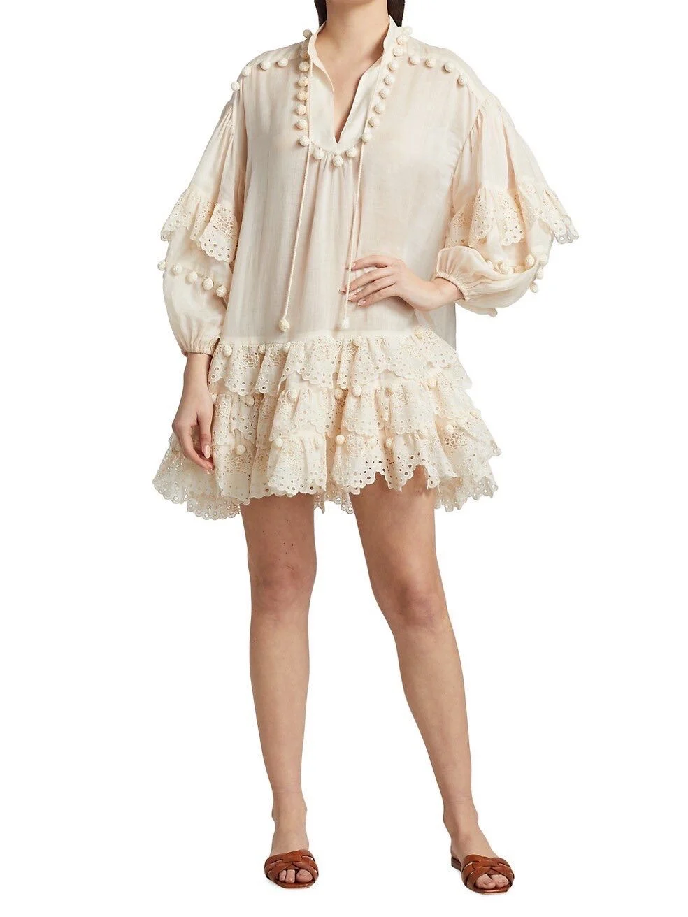 

New Summer Ramie Ball Embroidered Loose Dress 2022 Beige Lantern Sleeve Panelled Hollow Out Ruffles Mini Women Clothing