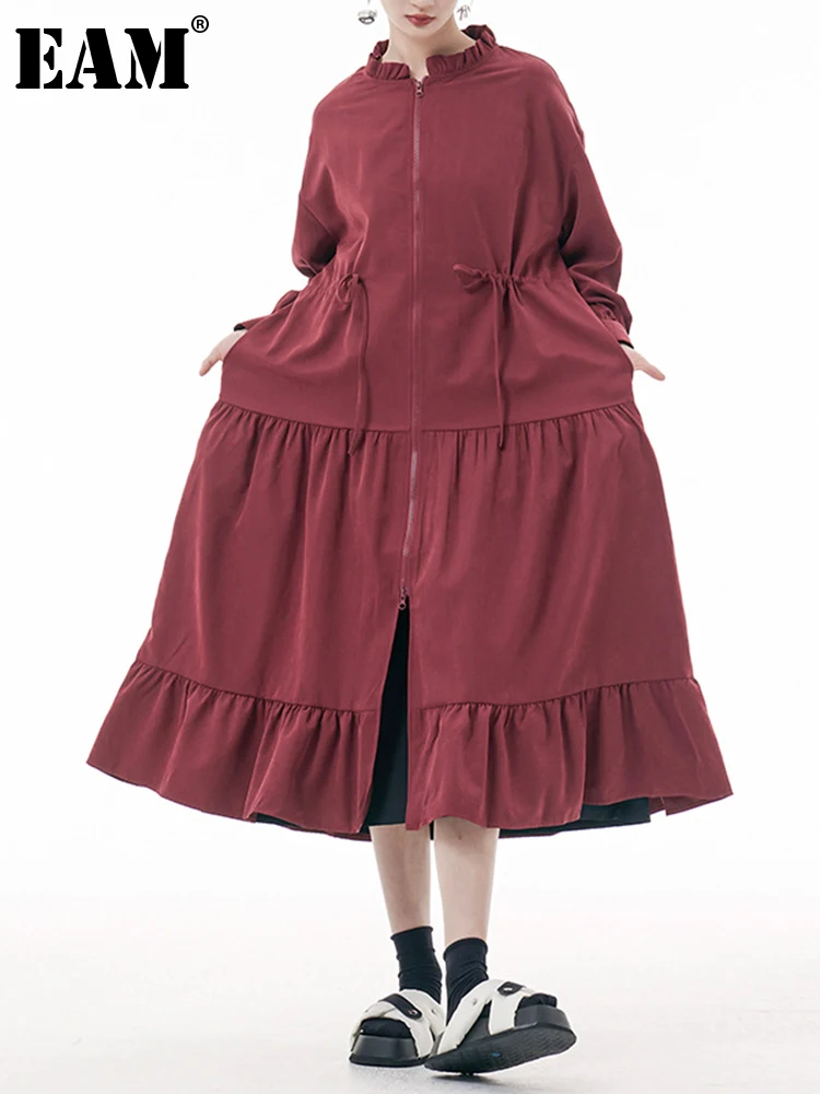 

[EAM] Women Red Big Size Midi Dress New Stand Collar Long Sleeve Ruffles A-line Loose Fashion Tide Spring Autumn 2023 1DH3347