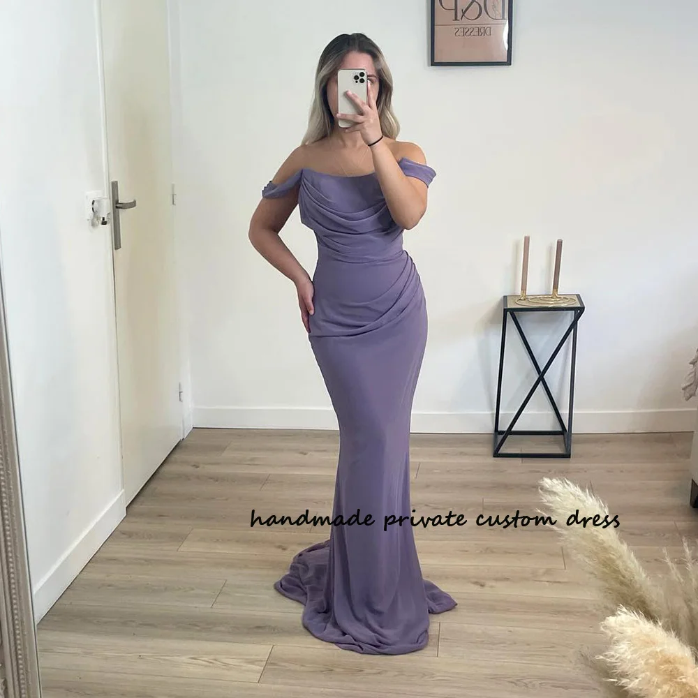 

Lavender Mermaid Evening Dresses Off Shoulder Pleats Satin Scoop Dubai Prom Party Dress Long Women Celebrate Prom Gowns Outfits