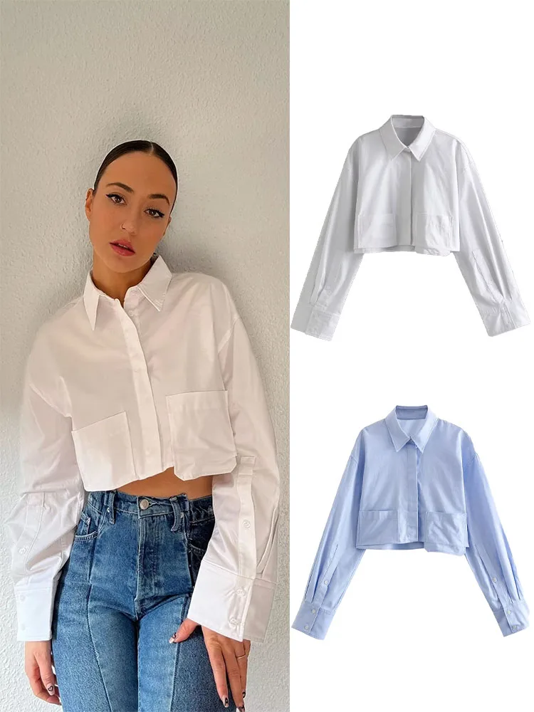 

Новинка весна-лето 2023, Женская Повседневная яркая универсальная Модная белая короткая рубашка из поплина с длинными рукавами и отложным воротником