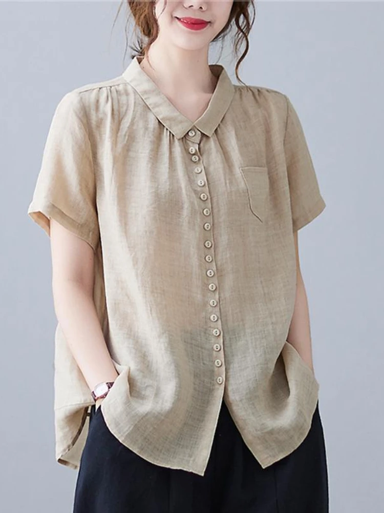 

Casual Shirts for Women Summer New Temperament Lapel Elegant Feminine Shirts Solid Loose ColorSingle-breasted Tops Women 2022