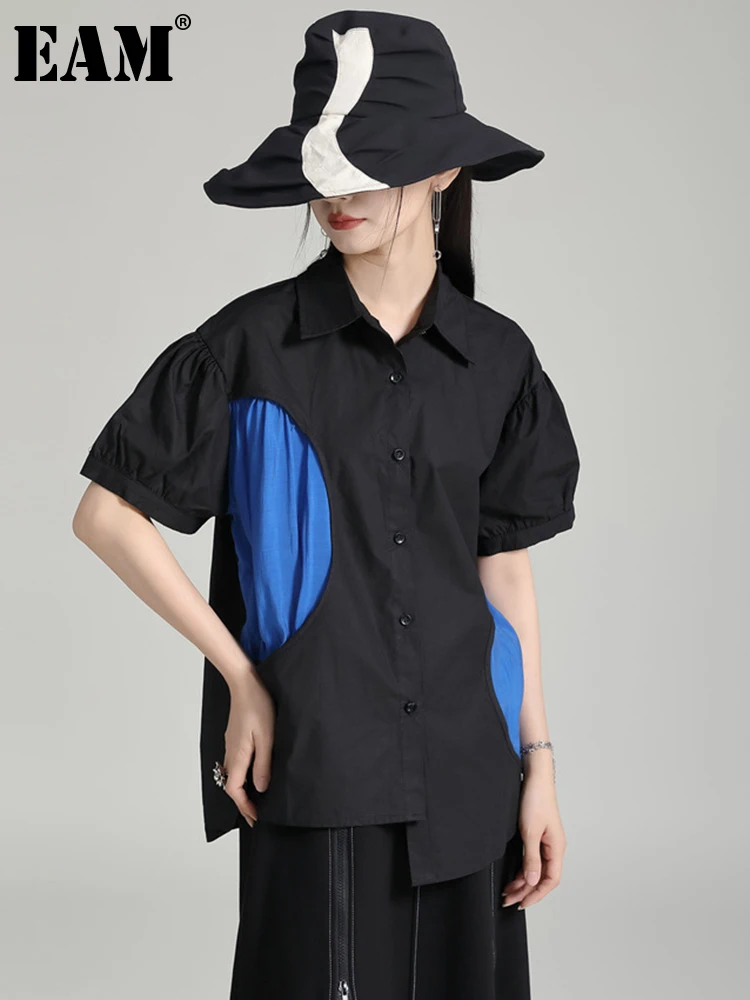 

[EAM] Women Blue Pleated Color-block Big Size Blouse New Lapel Short Sleeve Loose Fit Shirt Fashion Spring Summer 2023 1DF87270