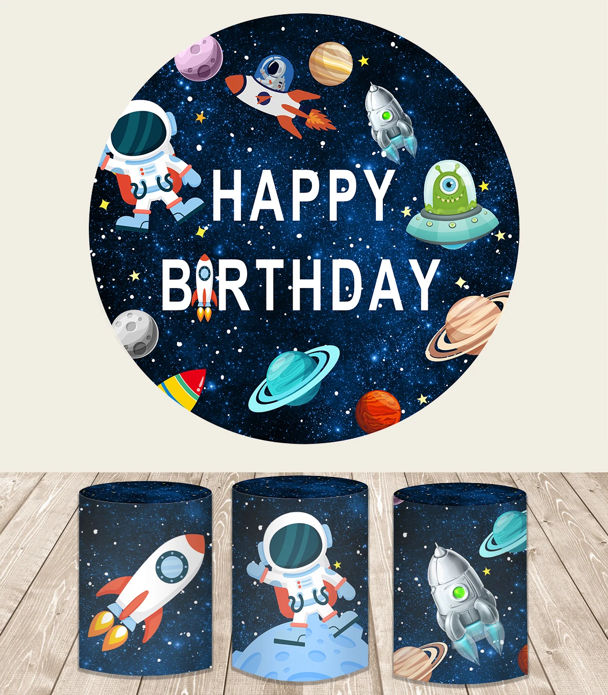 

Круглый фон для фотосъемки с изображением космоса мальчика дня рождения Синяя тема ракеты галактика астронавт на Луну фон торт стол Баннер