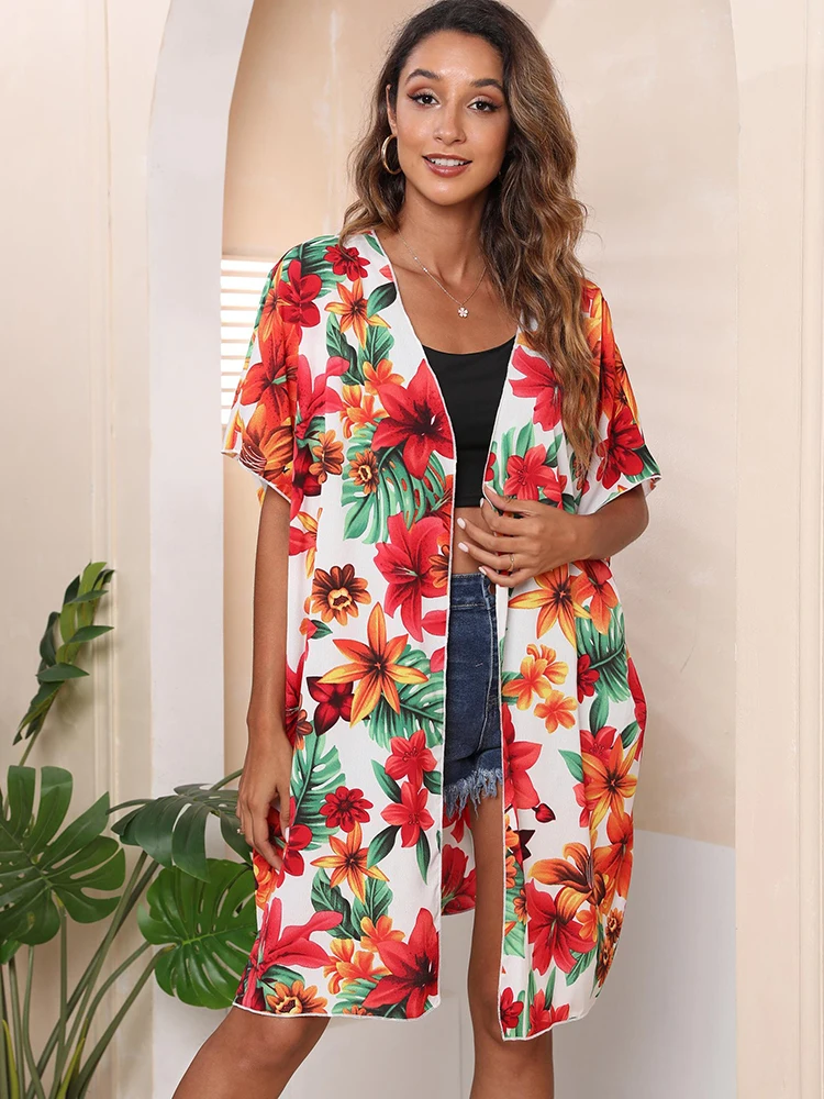 

Бикини, накидка, женский купальник, короткий рукав сарафана, купальник, Модный цветочный принт, элегантный, пляжный, праздничный, накидка, Ups ...