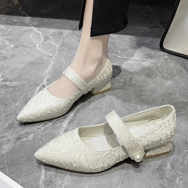 

ZOKI Pearl Strap Low Heels Mary Janes Women Pointed Toe Pleated Square Heeled Pumps Woman Fashion Hook Loop Casual Shoes 2022