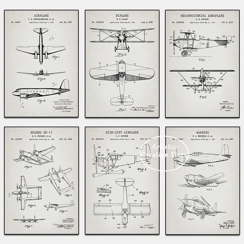 

Vintage Airplane Patent Art Canvas Painting Prints Wall HD Pictures Nordic Office Art Man Cave Gift for Pilot Wall Home Decor