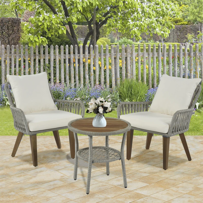 

Free Dropshipping 3 Piece Bistro Set Braided Conversation Set with Wood Table Top and Balcony Cushions Grey Rope Beige Fabric