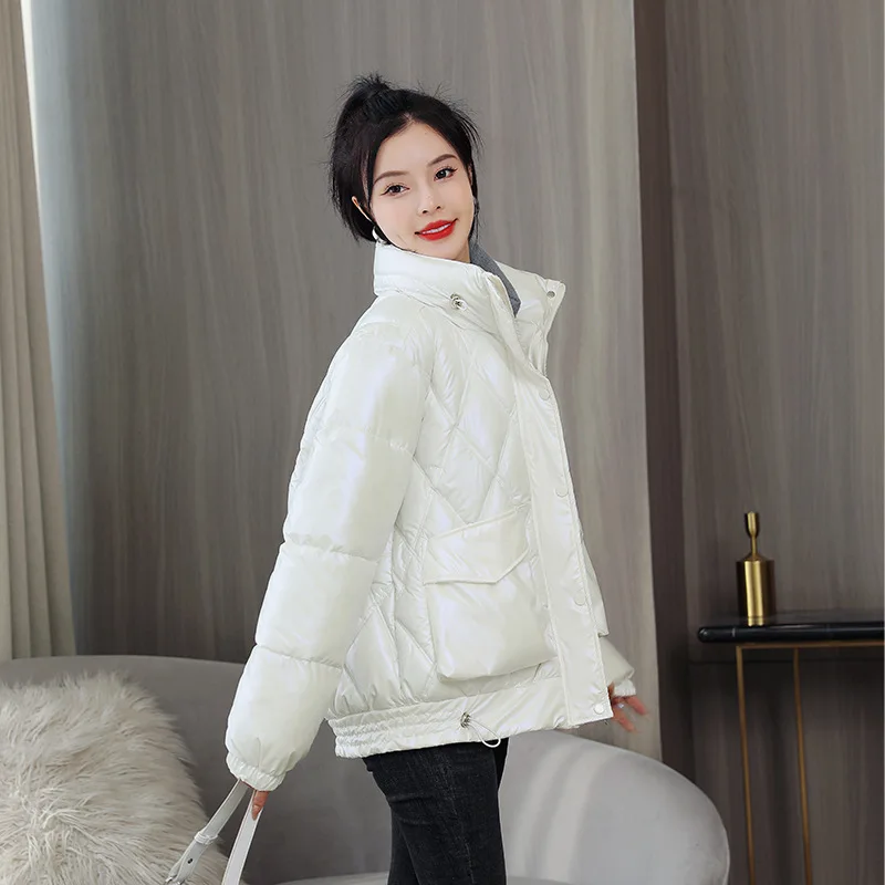 GRELLER 2022 Women Winter Jacket Stand Collar Bright Shiny Cotton Padded Solid Black White Pink Female Ladies Coat Short Clothes