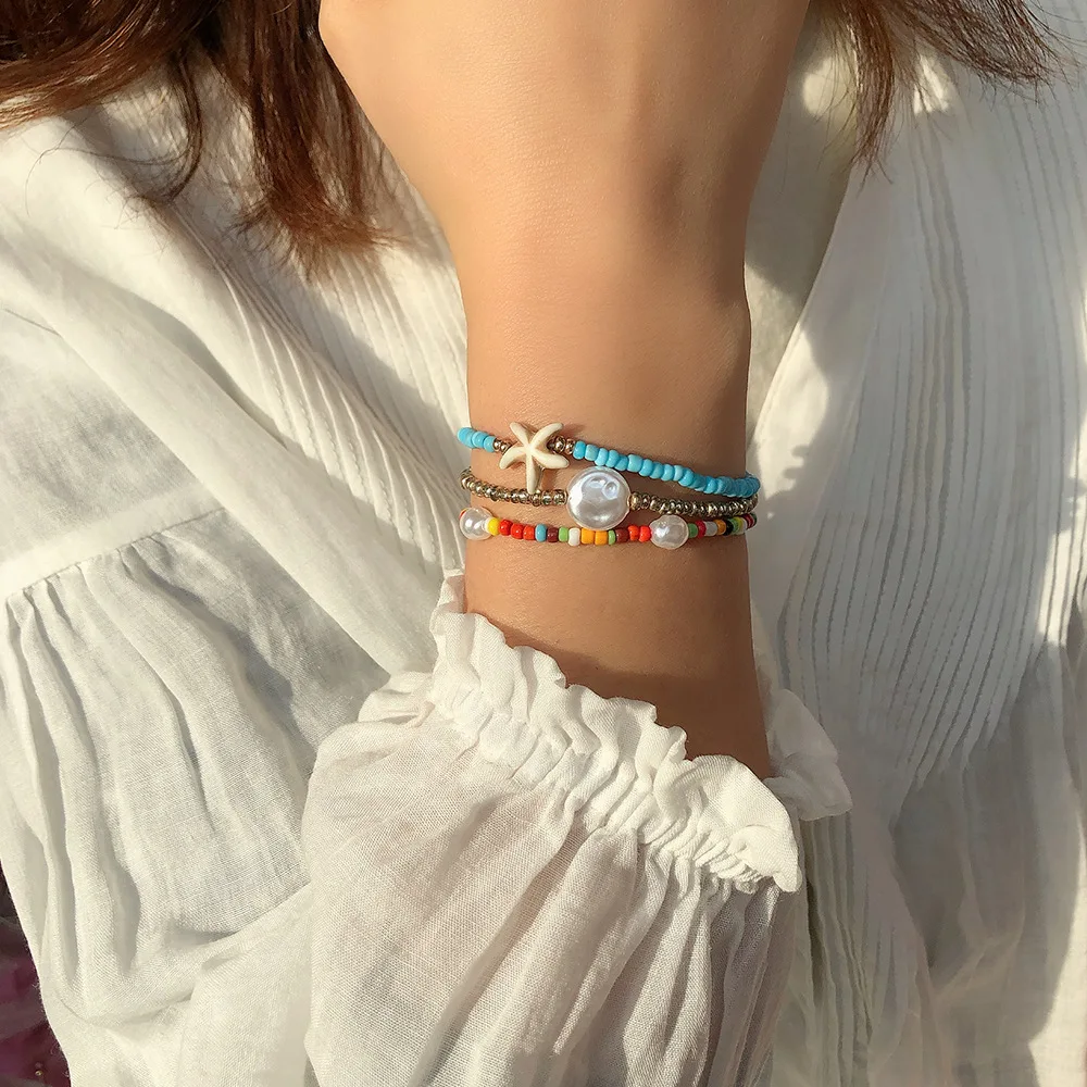 

New Handmade Ethnic Beach Style Color Rice Bead Bracelet Three Sets Pearl Starfish Bracelet Anklet BR1019