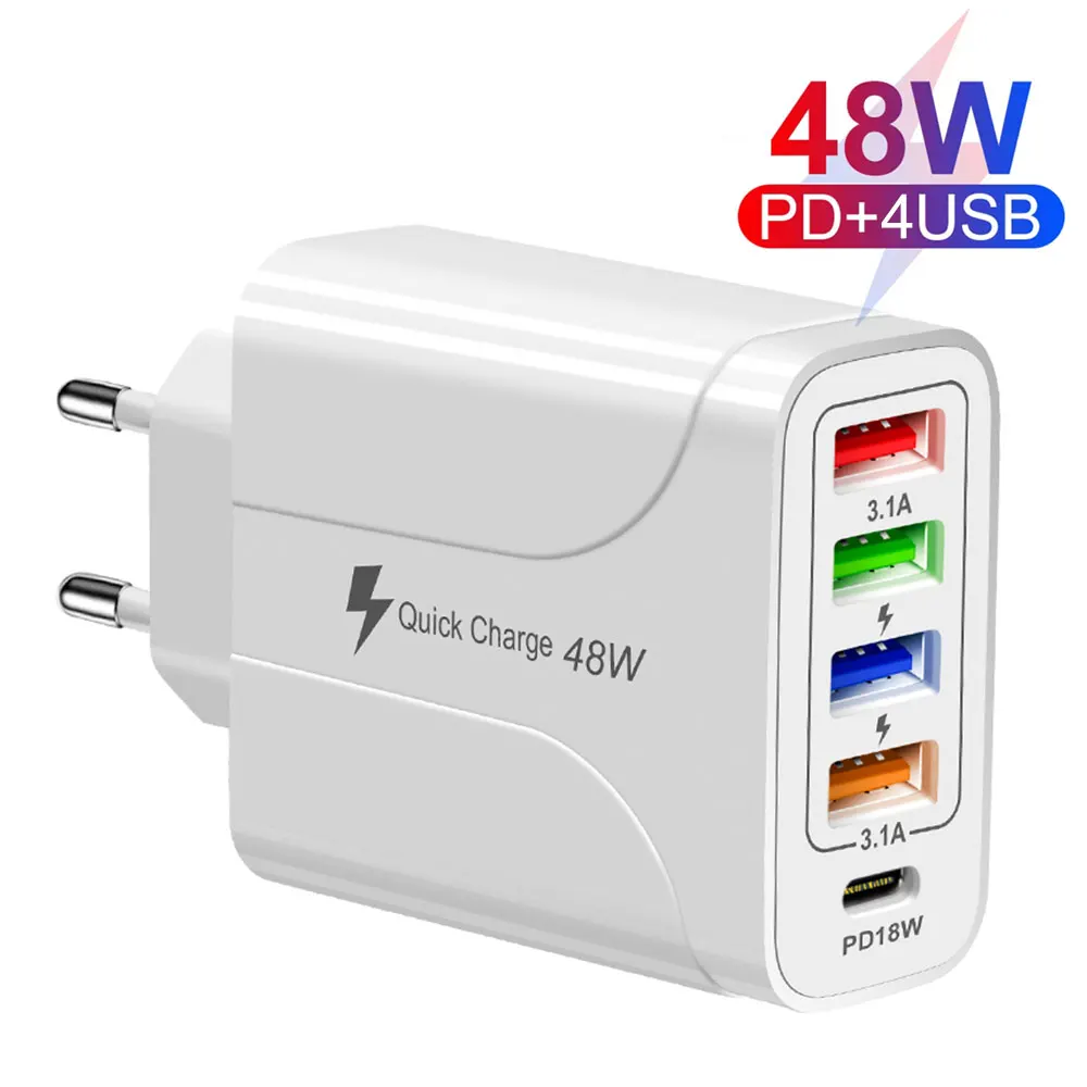 

48W PD 4USB Type C Charger For iPhone 13 Pro Max QC3.0 Quick Charge USB C Fast Charging Travel Charger Power Adapter EU/US/UK