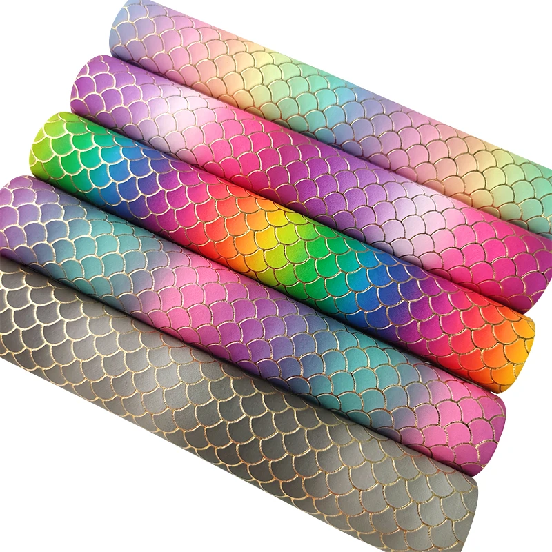 Ful Rainbow Stripe Mermaid Printed Vinyl Metallic Faux Artificial Leather Fabric For Diy Making Bag/hair Bow/deco