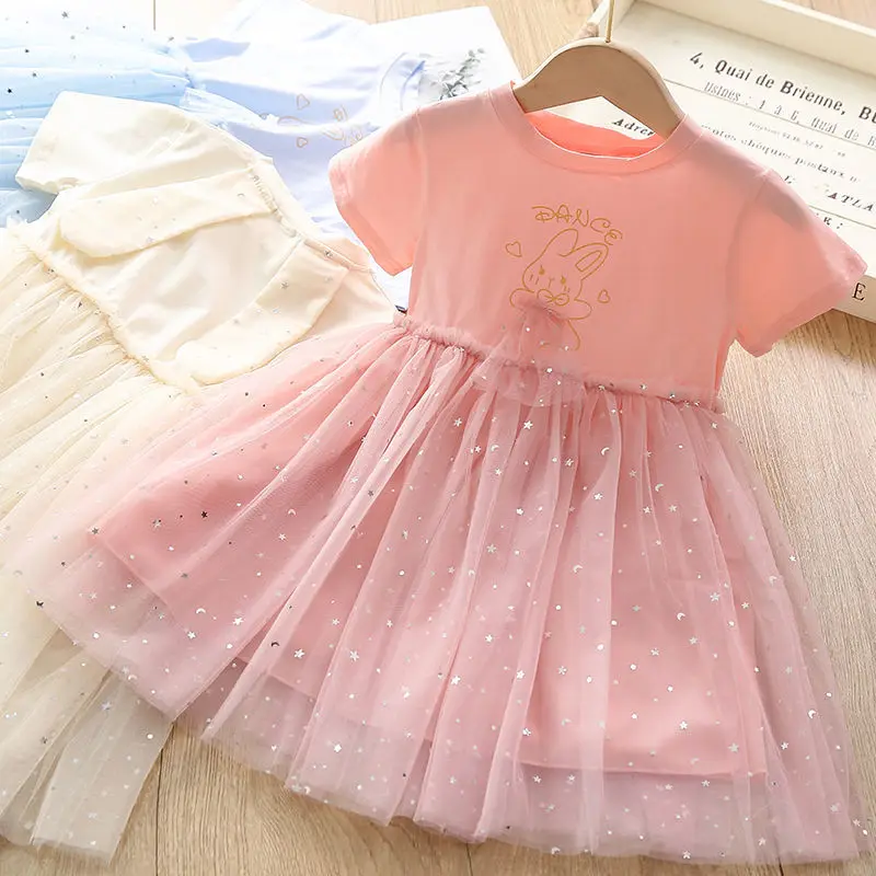 

Summer Girls Dresses Kids Short Sleeve Sequins Cartoon Printing Princess Dress Toddler Casual Vestidos Baby Girl Clothes