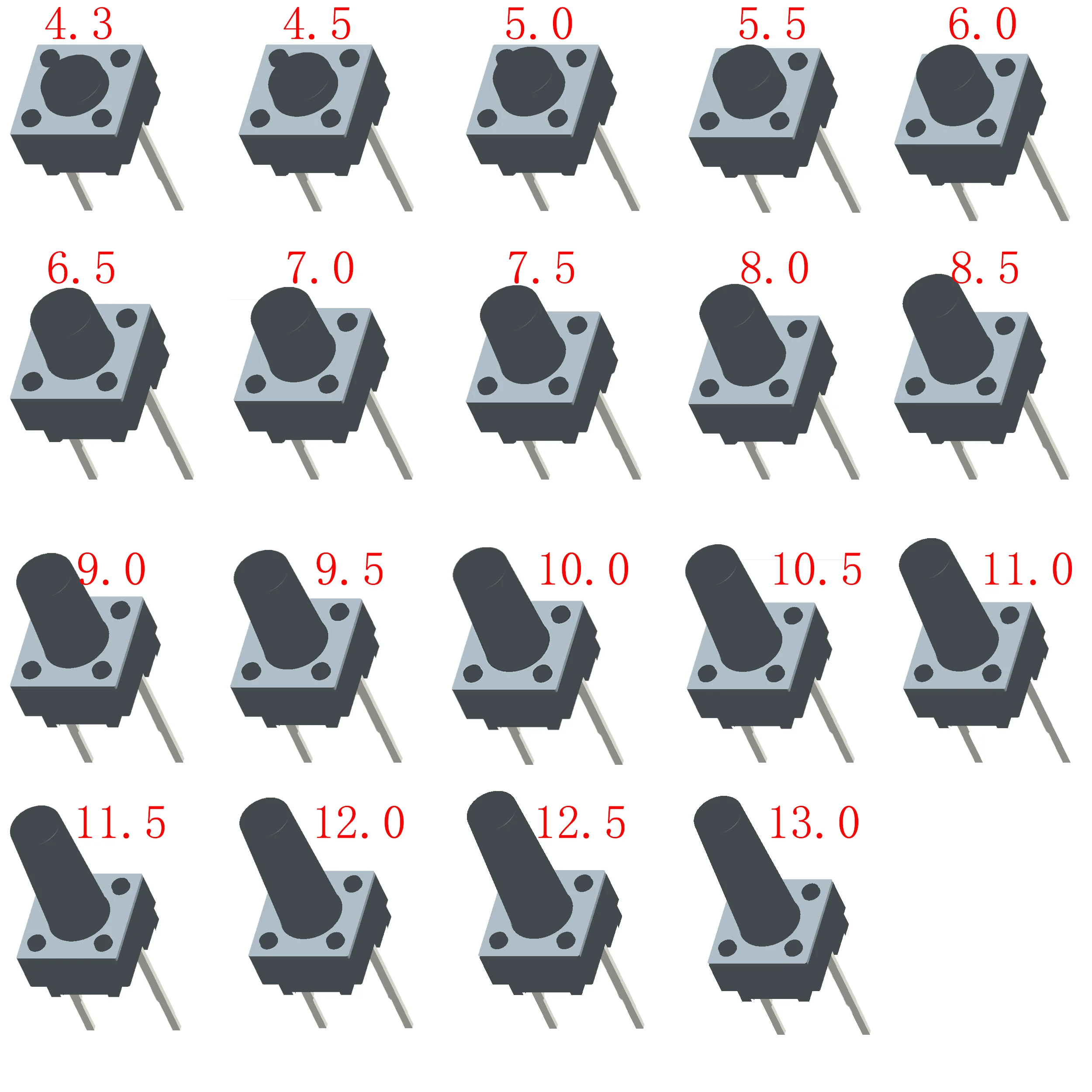 Тактильный кнопочный переключатель мини, черный, медный, 1000 штук, 4 типа, 6x6 мм H=4.1/4.3/4.5/5/6/7/8/9/10/11/12/13 мм