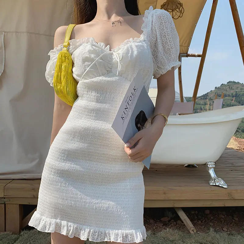 

2022 Puff Sleeve Ruffled White Dress Women's Sexy Bodycon Dress Korean Fashion Mini Dress Summer Party Girl Y2k Dress Clothing