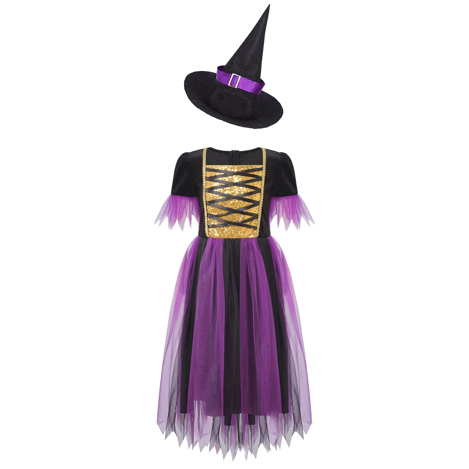 

Halloween 2Pcs Kids Girls Witch Cosplay Dresses Lace Up Shiny Short Sleeve Sequins Mesh Dresses with Witch Hat for Theme Party