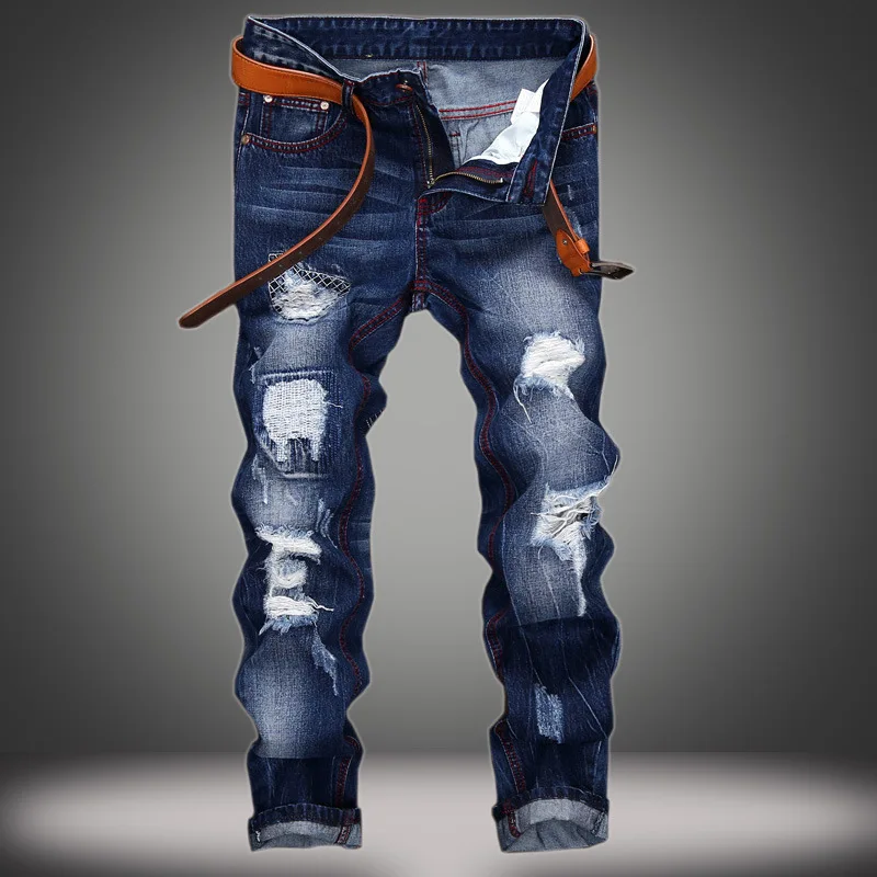 

FUAMOS New Personalized Fashion Broken Holes Make Old Jeans Men's Street Tide European American Cotton Straight Denim Pants