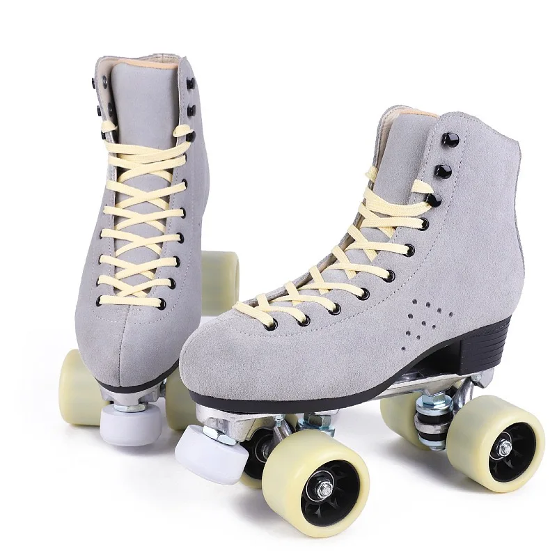 Steel Bracket Double Line Roller Skate Unisex Quad Skate Quality Suede 2 Row Skate Sport Patines Gray Boots Pro Skating Gears