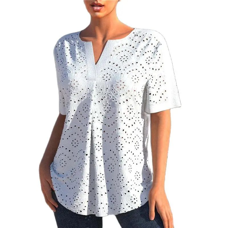 Women's Blouse 2023 spring and summer new solid V-neck women's shirt embroidered hollow V-neck short-sleeved shirt