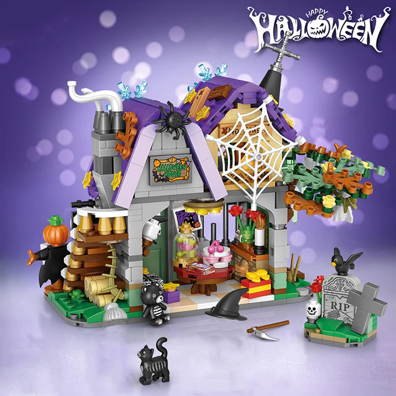 

2022 Halloween Hut House Building Block Mini Diy Assembly Bricks Toys For Children Decoration Model Cartoon Assembly Figure Gift