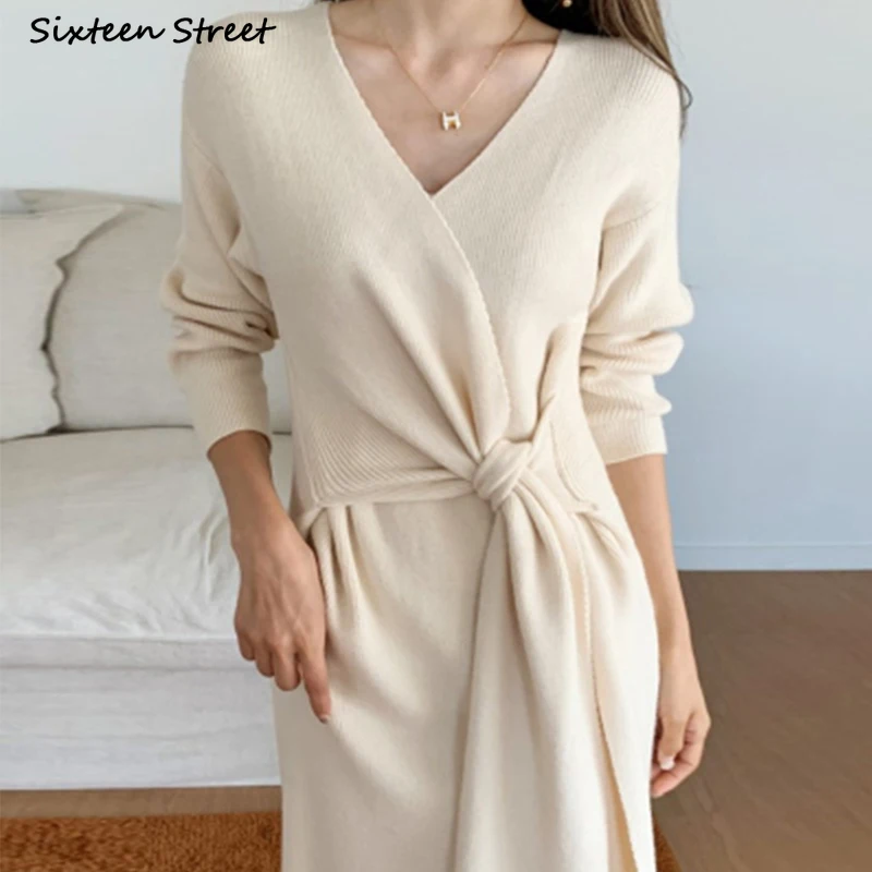 

Cross Spaghetti Knitted Dress Women Winter 2023 Apricot Vintage Knit Dresses Ladies Business Harajuku V-neck Knitwear Autumn