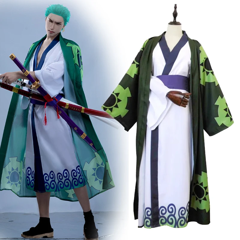 Anime Roronoa Zoro Cosplay Costumes Roronoa Zoro Kimono Robe Cloak Belt Full Suit Halloween Costume for Men Woman