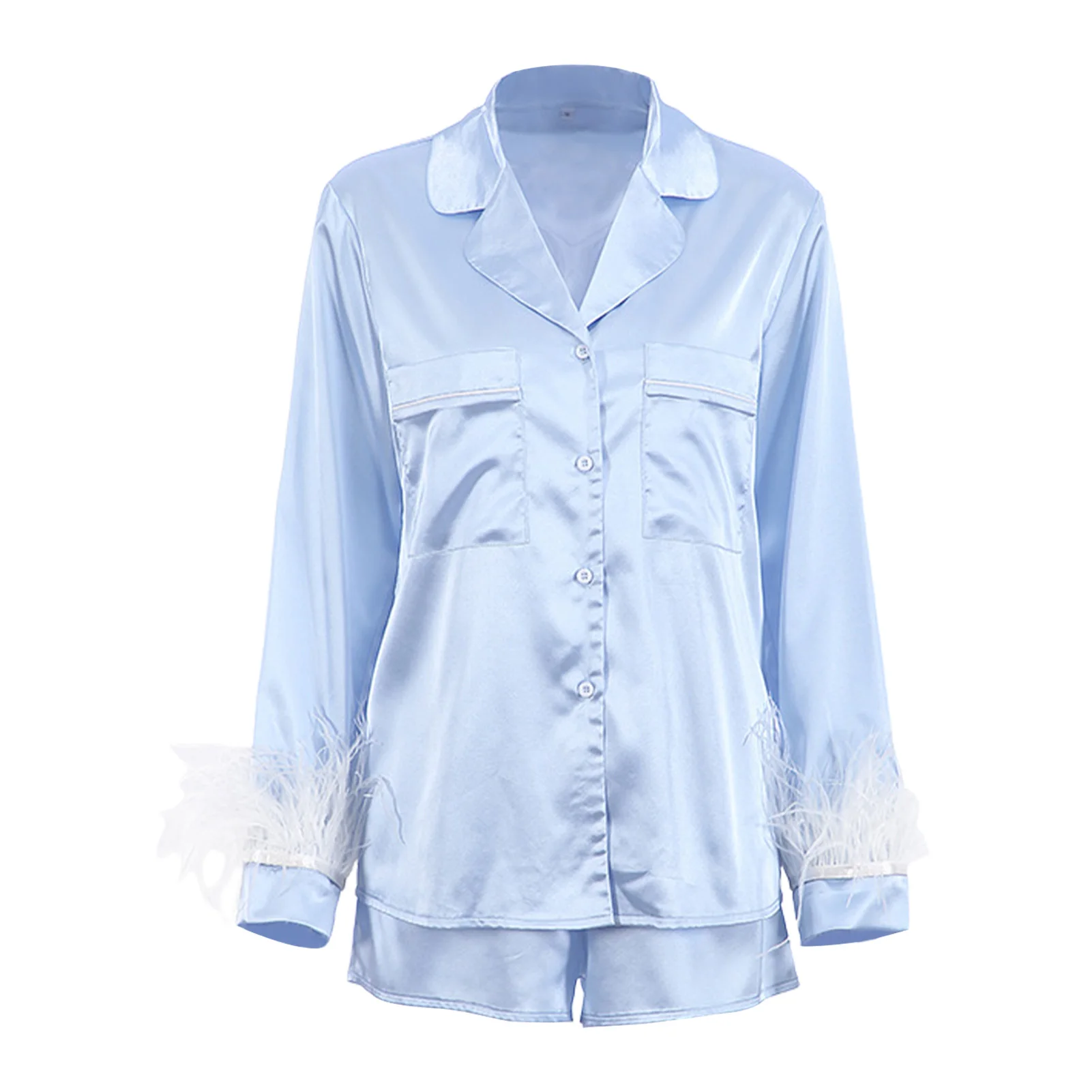 Satin Sleepwear Set Silk Satin Sleepwear Long Sleeve Feather Shirt Shorts Nightwear Women's Pajamas Sets for Home Wear  S-XL