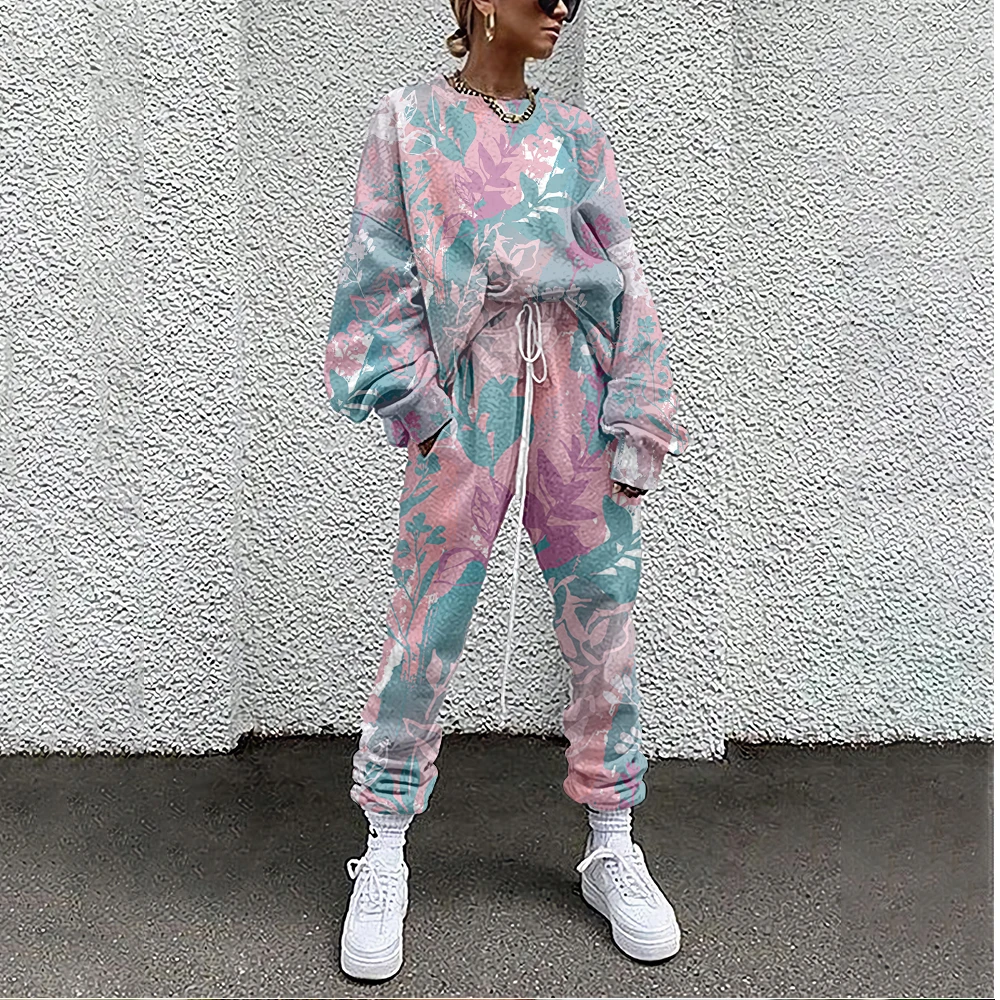 

Women Fashion Two Piece Set Suit Outfits Fallen Leaves Print Casual Sport Suit Winter Woman Set Autumn Women Tracksuit Lady