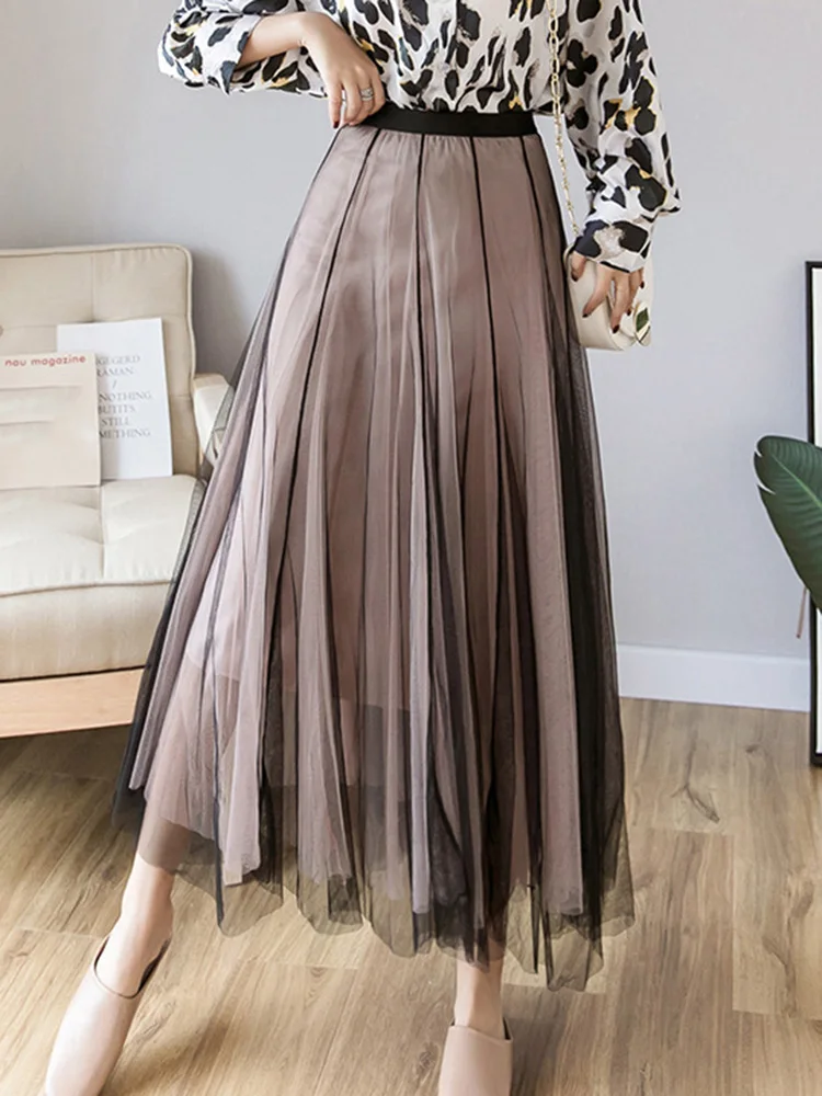 Новая длинная плиссированная юбка из сетки контрастных цветов свободная милая