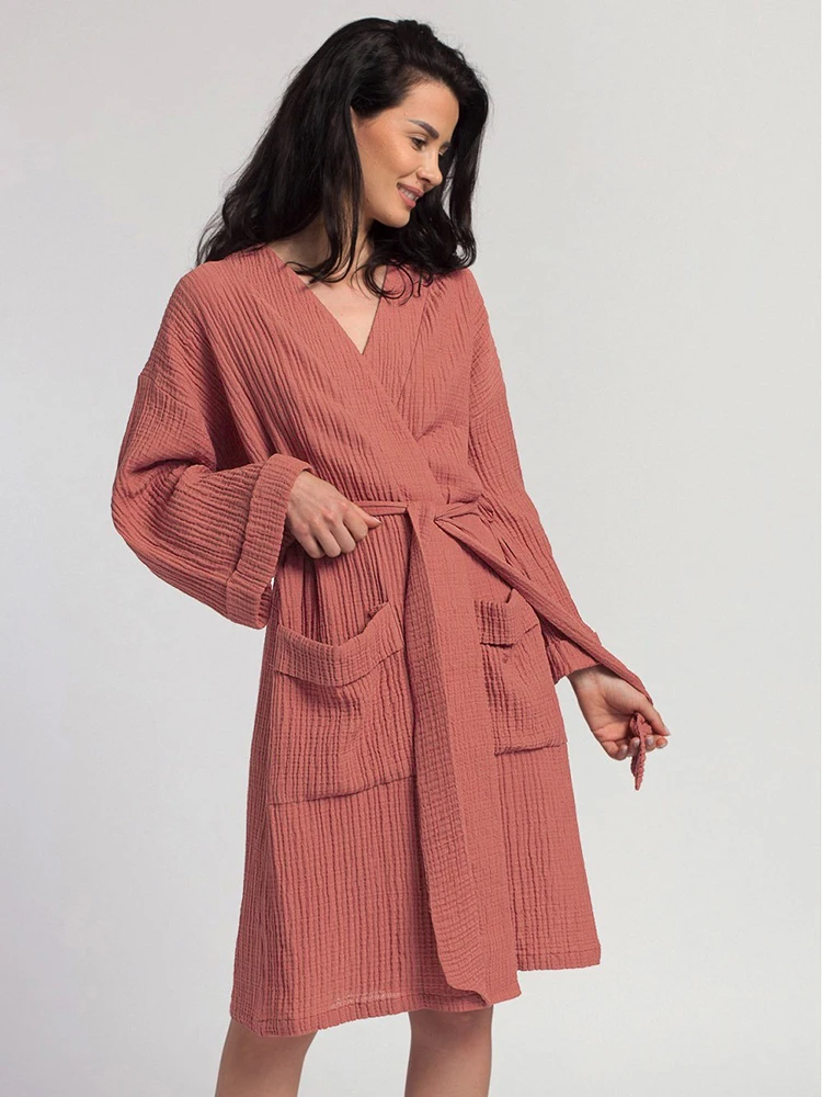 

Халат женский свободный хлопковый с длинным рукавом, однотонный