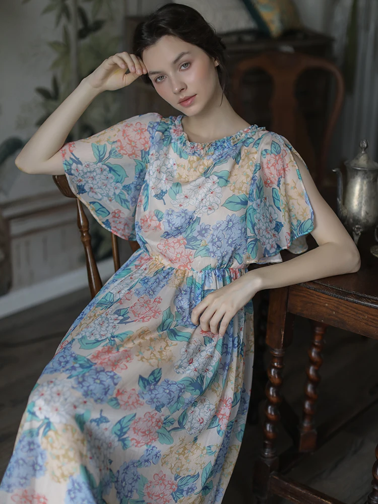 Summer Original Design Women Sweet Mori Kei Vintage Floral Blue Hydrangea Print Flowy Fairy Chiffon Long Dresses