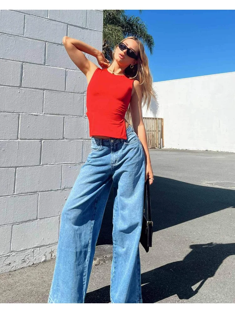 HOUZHOU Casual Wide Leg Blue Jeans Women High Waist Basic Oversized Y2k Baggy Long Denim Trousers Grunge Punk Female Streetwear