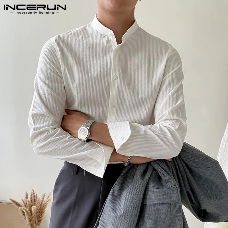 

Men Shirt Striped Stand Collar Long Sleeve Button Korean Casual Men Clothing 2021 Breathable Streetwear Camisas S-5XL INCERUN
