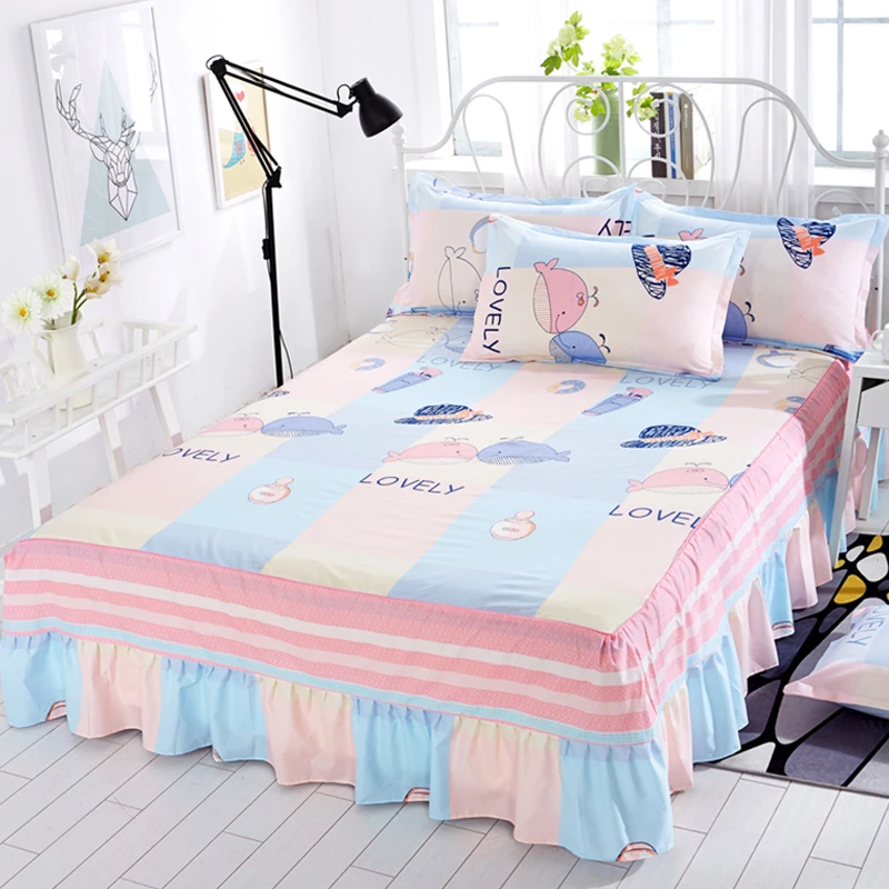 

1pcs Girls Bedroom Elegant Skirt Cartoon Bed Skirt Plaid Print Large Children's Bedding 1.2/1.5/1.8m Unfolded Sheet with Cover