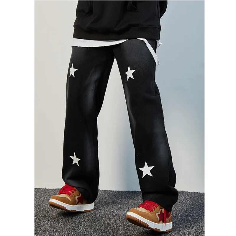 Streetwear Men Hip Hop Loose Straight Cylinder Stars Printing Casual Pants Versatile Comfortable Jeans Autumn and Winter Female