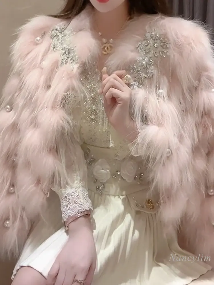 Socialite Temperament Beaded Tassel Rhinestone Woven Faux Fur Coat for Women 2023 Spring Winter New Sweet Fur Jacket Lady