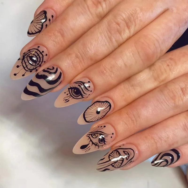 

JP1778 полный набор ногтей темного аниме средней длины пресс на ногтях миндальная форма с дизайном оптовая продажа оптом